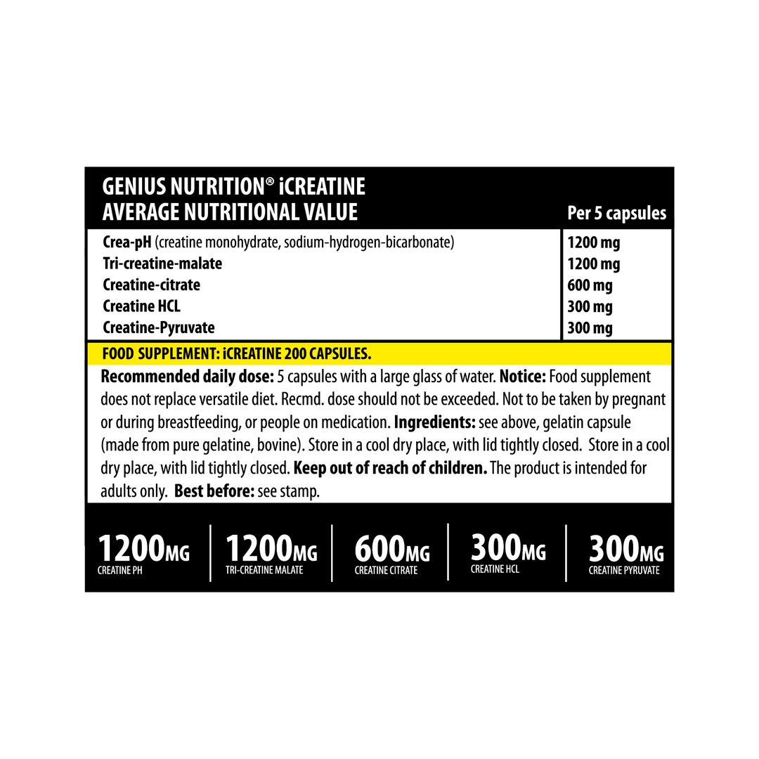 iCREATINE 200caps 40serv Genius Nutrition – Supplement with 5 different kinds of creatine designed to stimulate ATP production muscle growth and physical endurance.