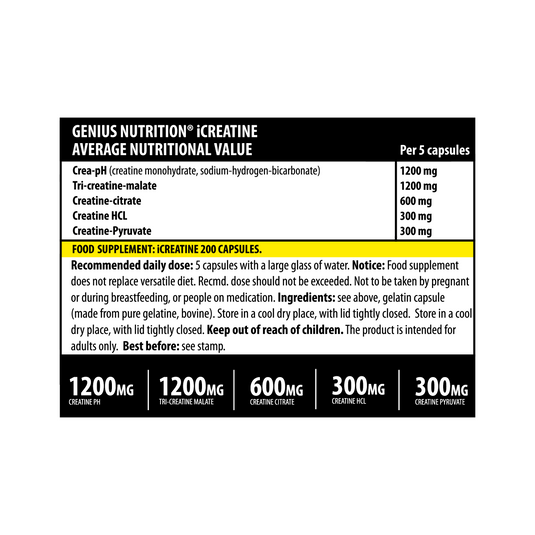 iCREATINE 200caps 40serv Genius Nutrition – Supplement with 5 different kinds of creatine designed to stimulate ATP production muscle growth and physical endurance.