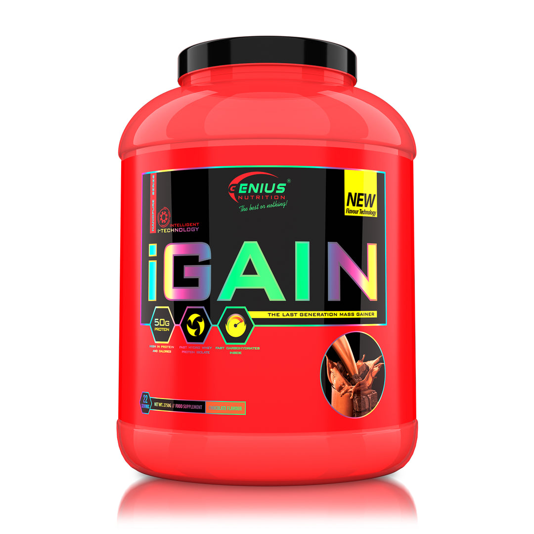 iGAIN 2750g 22serv Genius Nutrition Chocolate - High calorie gainer supplement with hydrolyzed whey protein (WPH) and fast-absorbing carbs for muscle recovery and growth.