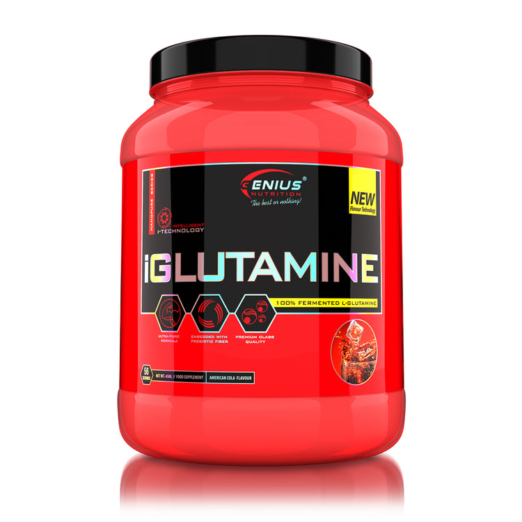 iGLUTAMINE 450g 55serv Genius Nutrition American Cola - Glutamine supplement for gut health, immunity and muscle recovery after intense workouts with added inulin.