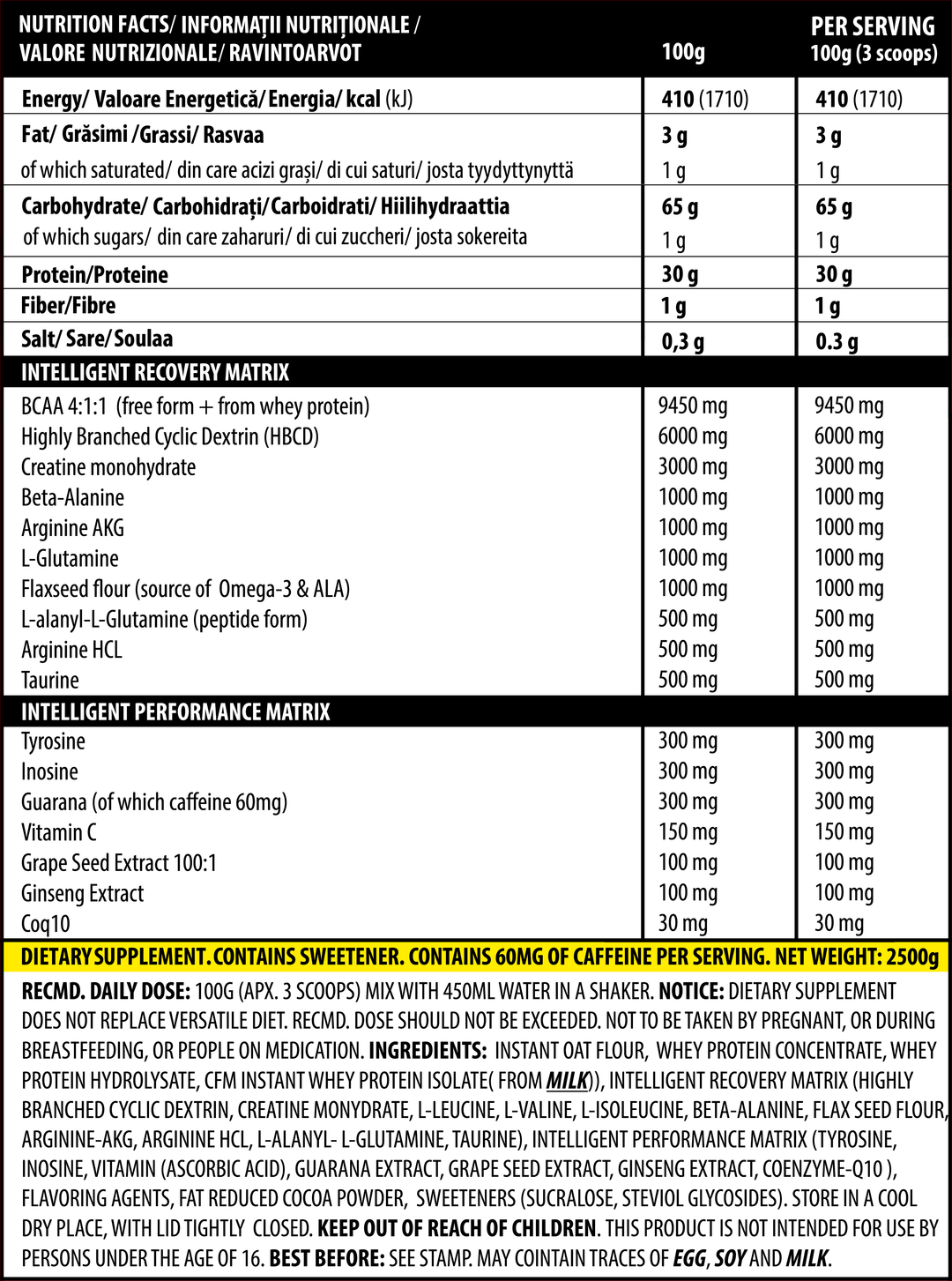 iMASS 2500g 25serv Genius Nutrition - All-in-one gainer supplement with no added sugar, featuring a 2:1 ratio of low-glycemic carbs (cluster dextrin), whey protein, monohydrate creatine and high BCAA content, ideal for muscle growth without fat gain.