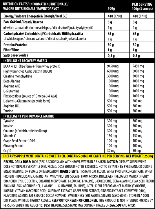 iMASS 2500g 25serv Genius Nutrition - All-in-one gainer supplement with no added sugar, featuring a 2:1 ratio of low-glycemic carbs (cluster dextrin), whey protein, monohydrate creatine and high BCAA content, ideal for muscle growth without fat gain.