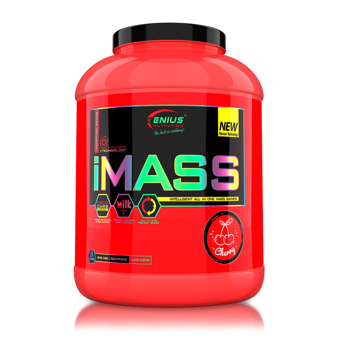 iMASS 2500g 25serv Genius Nutrition Cherry - All-in-one gainer supplement with no added sugar, featuring a 2:1 ratio of low-glycemic carbs (cluster dextrin), whey protein, monohydrate creatine and high BCAA content, ideal for muscle growth without fat gain.