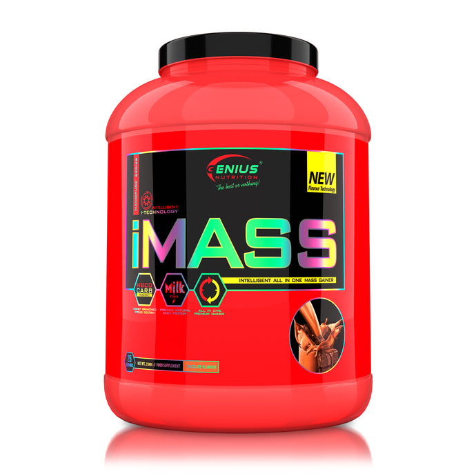 iMASS 2500g 25serv Genius Nutrition Chocolate - All-in-one gainer supplement with no added sugar, featuring a 2:1 ratio of low-glycemic carbs (cluster dextrin), whey protein, monohydrate creatine and high BCAA content, ideal for muscle growth without fat gain.