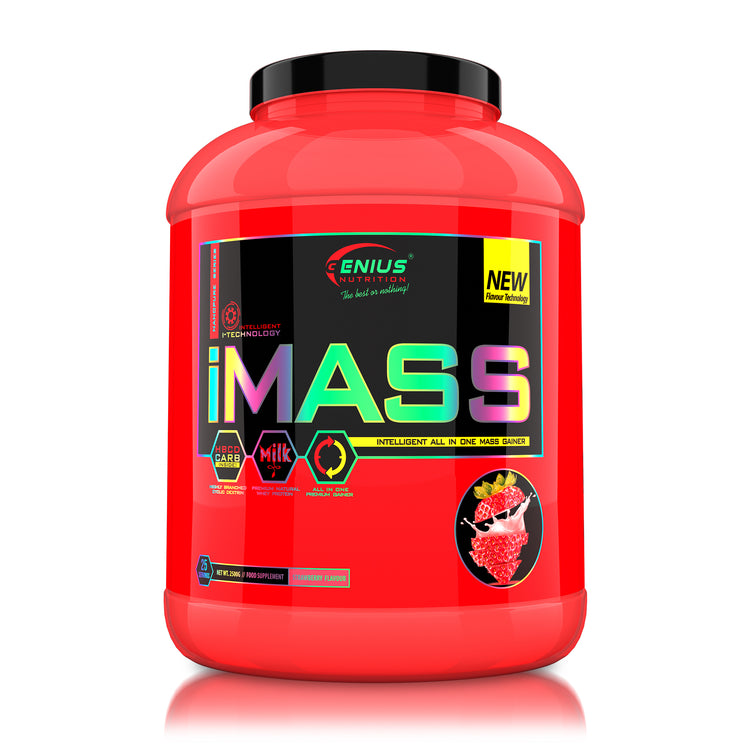 iMASS 2500g 25serv Genius Nutrition Strawberry - All-in-one gainer supplement with no added sugar, featuring a 2:1 ratio of low-glycemic carbs (cluster dextrin), whey protein, monohydrate creatine and high BCAA content, ideal for muscle growth without fat gain.