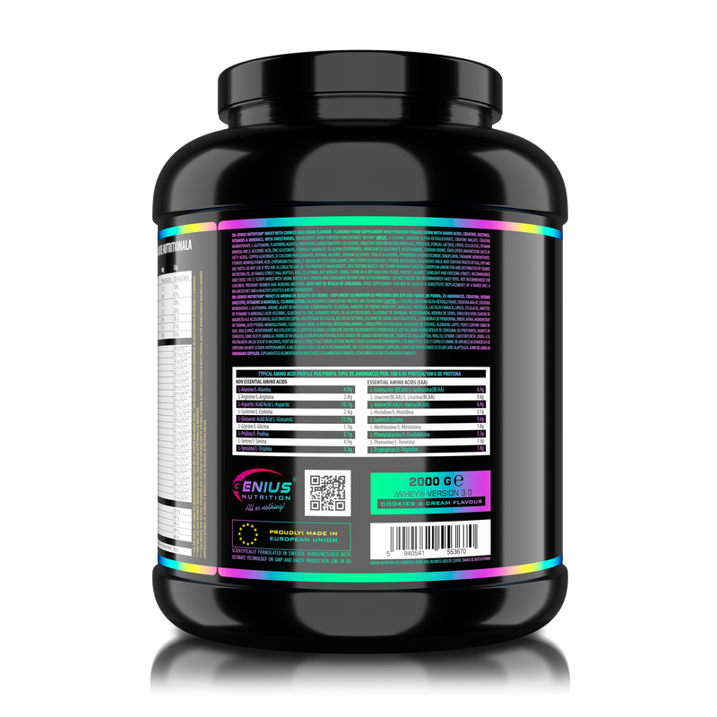 Load image into Gallery viewer, iWHEY 2000g 60serv Genius Nutrition Cookies &amp; Cream - Whey protein concentrate (WPC) with added DigeZyme®, essential vitamins, minerals and creatine designed to aid in recovery and promote lean muscle growth.
