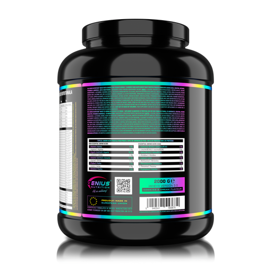 iWHEY 2000g 60serv Genius Nutrition Cookies & Cream - Whey protein concentrate (WPC) with added DigeZyme®, essential vitamins, minerals and creatine designed to aid in recovery and promote lean muscle growth.