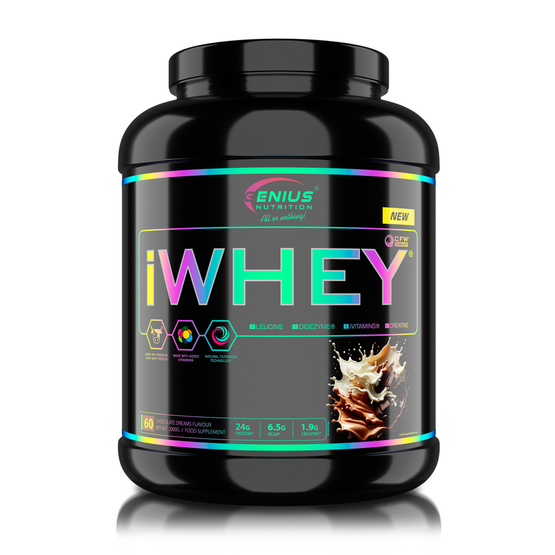 Load image into Gallery viewer, iWHEY 2000g 60serv Genius Nutrition Chocolate - Whey protein concentrate (WPC) with added DigeZyme®, essential vitamins, minerals and creatine designed to aid in recovery and promote lean muscle growth.
