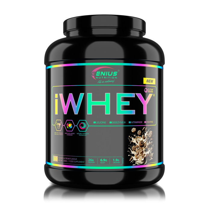 iWHEY 2000g 60serv Genius Nutrition Cookies & Cream - Whey protein concentrate (WPC) with added DigeZyme®, essential vitamins, minerals and creatine designed to aid in recovery and promote lean muscle growth.