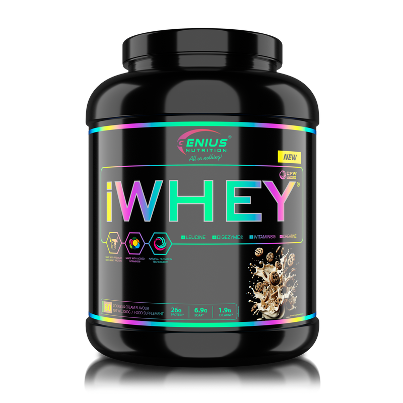 Load image into Gallery viewer, iWHEY 2000g 60serv Genius Nutrition Cookies &amp; Cream - Whey protein concentrate (WPC) with added DigeZyme®, essential vitamins, minerals and creatine designed to aid in recovery and promote lean muscle growth.
