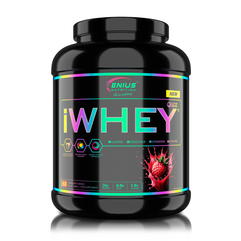 Load image into Gallery viewer, iWHEY 2000g 60serv Genius Nutrition Strawberry - Whey protein concentrate (WPC) with added DigeZyme®, essential vitamins, minerals and creatine designed to aid in recovery and promote lean muscle growth.
