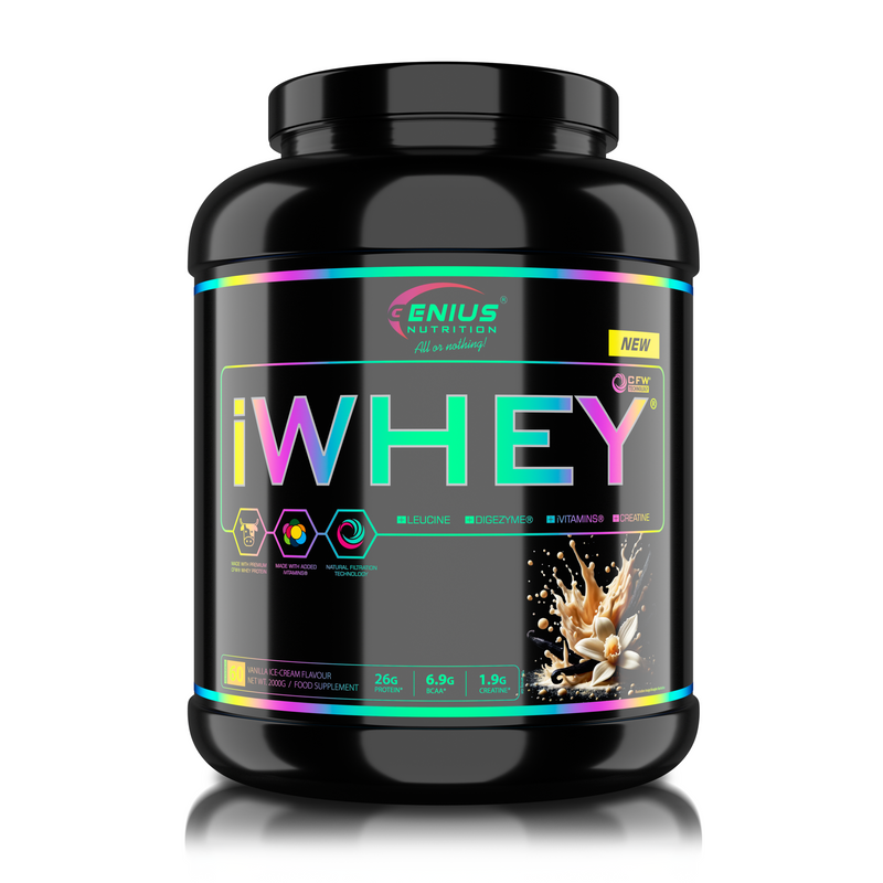 Load image into Gallery viewer, iWHEY 2000g 60serv Genius Nutrition Vanilla Ice-Cream - Whey protein concentrate (WPC) with added DigeZyme®, essential vitamins, minerals and creatine designed to aid in recovery and promote lean muscle growth.
