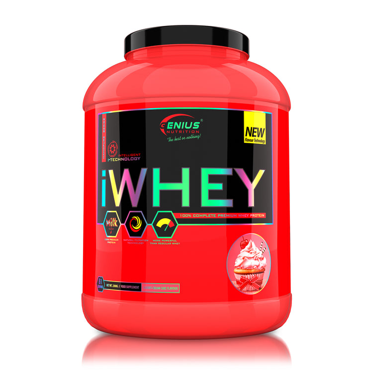 iWHEY 2000g 61serv Genius Nutrition Cherry Cream - Whey protein concentrate (WPC) with added DigeZyme®, essential vitamins, minerals and creatine designed to aid in recovery and promote lean muscle growth