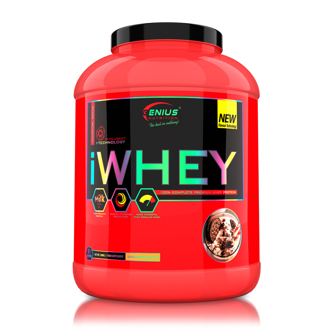 iWHEY 2000g 61serv Genius Nutrition Cookies & Cream - Whey protein concentrate (WPC) with added DigeZyme®, essential vitamins, minerals and creatine designed to aid in recovery and promote lean muscle growth.