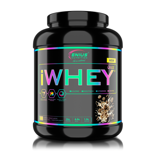 iWHEY 2000g 61serv Genius Nutrition Cookies and Cream - Whey protein concentrate (WPC) with added DigeZyme®, essential vitamins, minerals and creatine designed to aid in recovery and promote lean muscle growth.