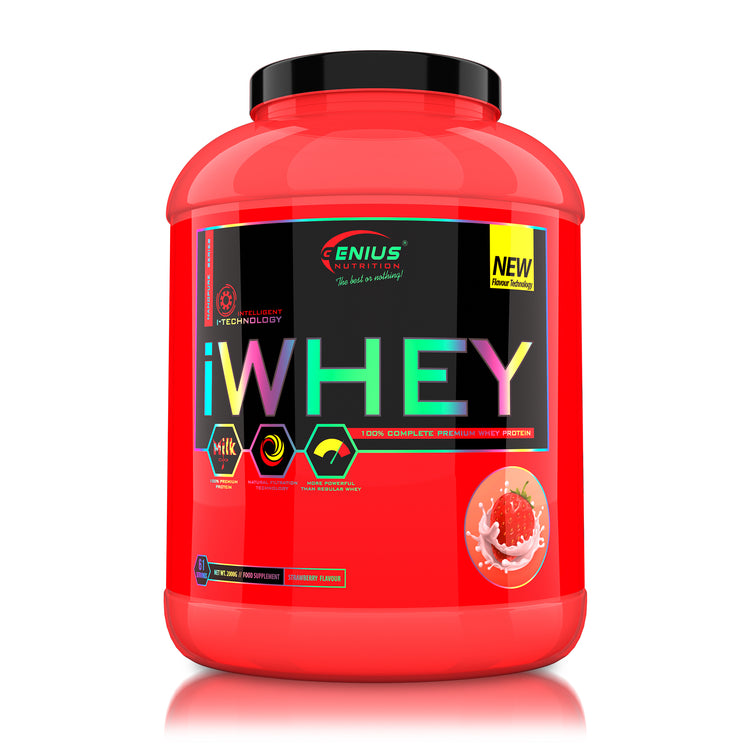 iWHEY 2000g 61serv Genius Nutrition Strawberry - Whey protein concentrate (WPC) with added DigeZyme®, essential vitamins, minerals and creatine designed to aid in recovery and promote lean muscle growth.