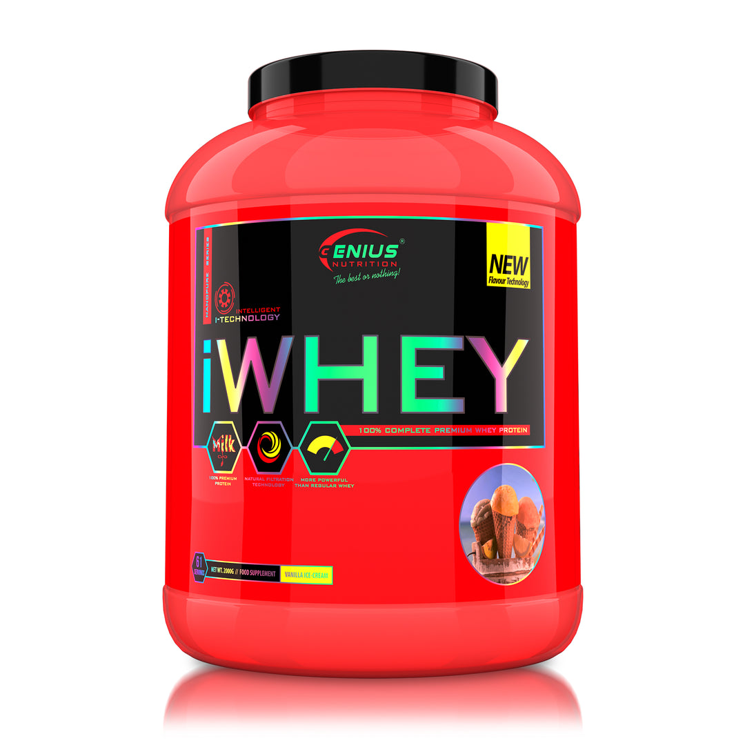 iWHEY 2000g 61serv Genius Nutrition Vanilla Ice-Cream - Whey protein concentrate (WPC) with added DigeZyme®, essential vitamins, minerals and creatine designed to aid in recovery and promote lean muscle growth.