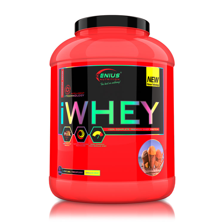 iWHEY 2000g 61serv Genius Nutrition Vanilla Ice-Cream - Whey protein concentrate (WPC) with added DigeZyme®, essential vitamins, minerals and creatine designed to aid in recovery and promote lean muscle growth.