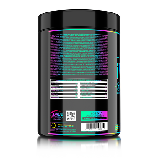iWHEY 900g 27serv Genius Nutrition Vanilla Ice-Cream - Whey protein concentrate (WPC) with added DigeZyme®, essential vitamins, minerals and creatine designed to aid in recovery and promote lean muscle growth.