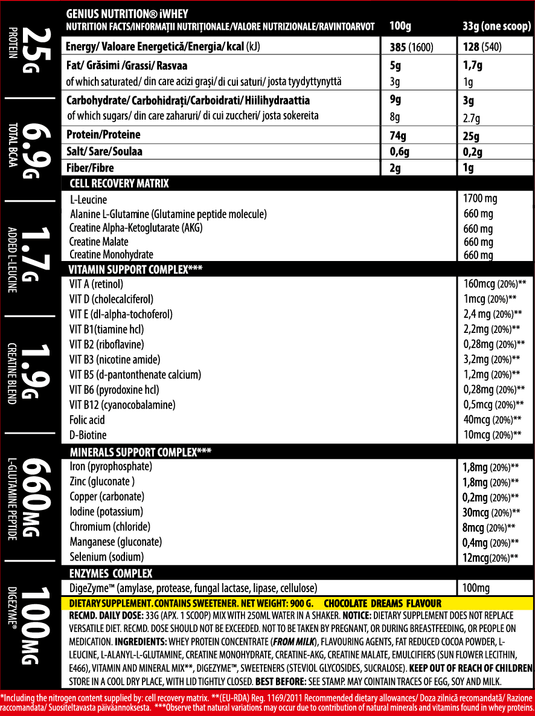 iWHEY 900g 27serv Genius Nutrition - Whey protein concentrate (WPC) with added DigeZyme®, essential vitamins, minerals and creatine designed to aid in recovery and promote lean muscle growth.