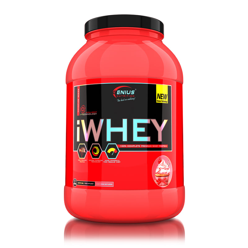 Load image into Gallery viewer, iWHEY 900g 27serv Genius Nutrition Cherry Cream - Whey protein concentrate (WPC) with added DigeZyme®, essential vitamins, minerals and creatine designed to aid in recovery and promote lean muscle growth.
