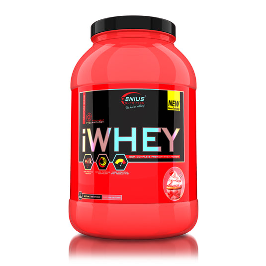 iWHEY 900g 27serv Genius Nutrition Cherry Cream - Whey protein concentrate (WPC) with added DigeZyme®, essential vitamins, minerals and creatine designed to aid in recovery and promote lean muscle growth.