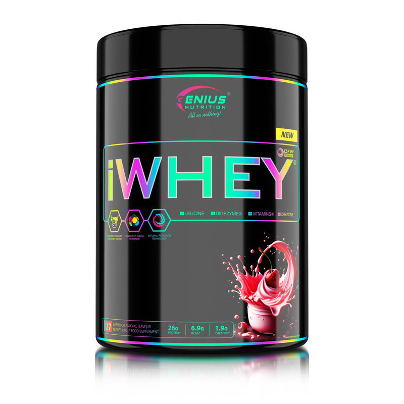 Load image into Gallery viewer, iWHEY 900g 27serv Genius Nutrition Cherry Cream Cake - Whey protein concentrate (WPC) with added DigeZyme®, essential vitamins, minerals and creatine designed to aid in recovery and promote lean muscle growth.
