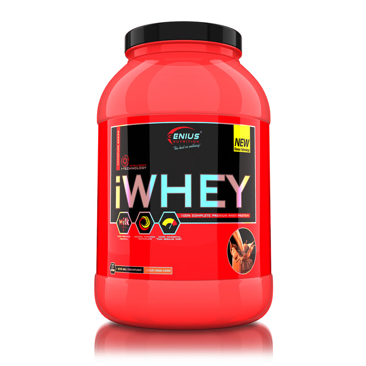 iWHEY 900g 27serv Genius Nutrition Chocolate Dreams - Whey protein concentrate (WPC) with added DigeZyme®, essential vitamins, minerals and creatine designed to aid in recovery and promote lean muscle growth.