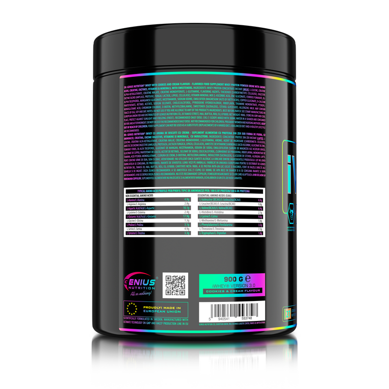 Load image into Gallery viewer, iWHEY 900g 27serv Genius Nutrition Cookies &amp; Cream - Whey protein concentrate (WPC) with added DigeZyme®, essential vitamins, minerals and creatine designed to aid in recovery and promote lean muscle growth.
