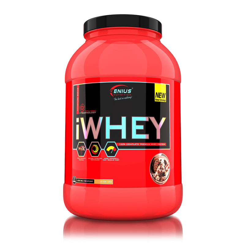 Load image into Gallery viewer, iWHEY 900g 27serv Genius Nutrition Cookies and Cream - Whey protein concentrate (WPC) with added DigeZyme®, essential vitamins, minerals and creatine designed to aid in recovery and promote lean muscle growth.
