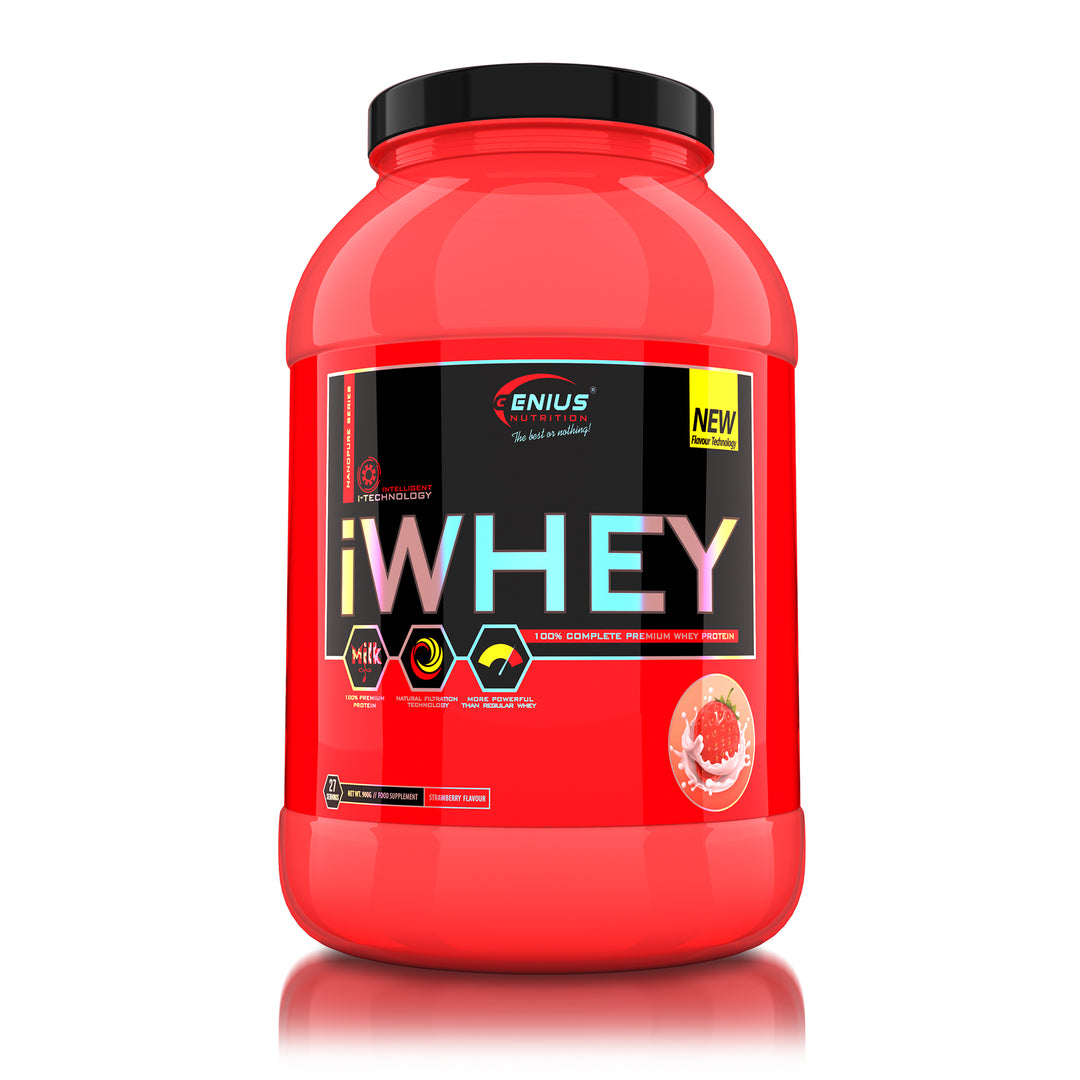 iWHEY 900g 27serv Genius Nutrition Strawberry - Whey protein concentrate (WPC) with added DigeZyme®, essential vitamins, minerals and creatine designed to aid in recovery and promote lean muscle growth.