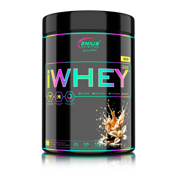iWHEY 900g 27serv Genius Nutrition Vanilla Ice-Cream - Whey protein concentrate (WPC) with added DigeZyme®, essential vitamins, minerals and creatine designed to aid in recovery and promote lean muscle growth.