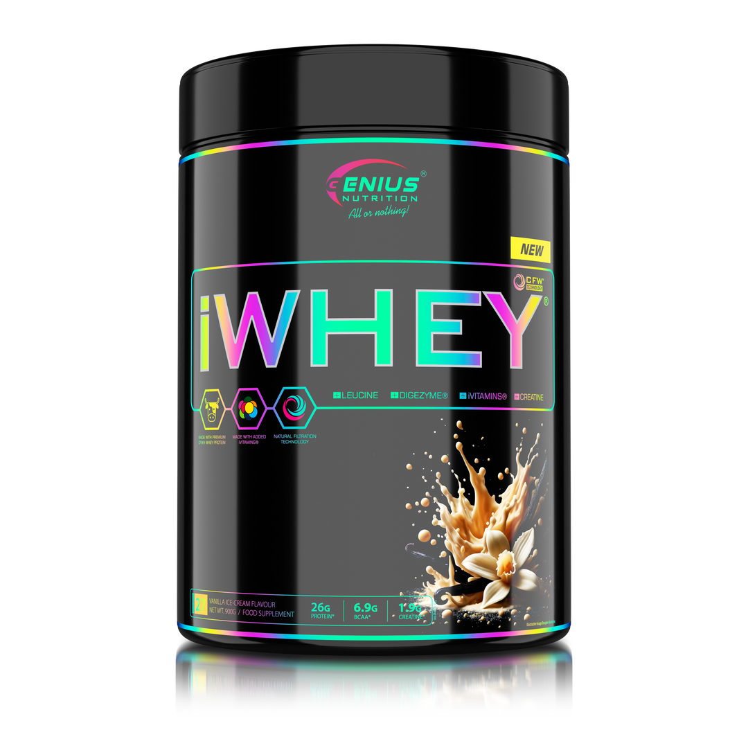 iWHEY 900g 27serv Genius Nutrition Vanilla Ice-Cream - Whey protein concentrate (WPC) with added DigeZyme®, essential vitamins, minerals and creatine designed to aid in recovery and promote lean muscle growth.