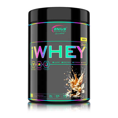 iWHEY 900g 27serv Genius Nutrition Vanilla Ice-Cream - Whey protein concentrate (WPC) with added DigeZyme®, essential vitamins, minerals and creatine designed to aid in recovery and promote lean muscle growth.