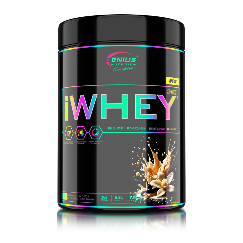 Load image into Gallery viewer, iWHEY 900g 27serv Genius Nutrition Vanilla Ice-Cream - Whey protein concentrate (WPC) with added DigeZyme®, essential vitamins, minerals and creatine designed to aid in recovery and promote lean muscle growth.
