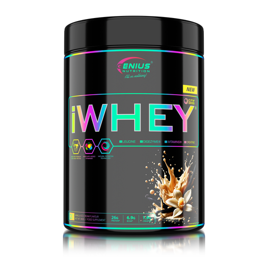 iWHEY 900g 27serv Genius Nutrition Vanilla Ice-Cream - Whey protein concentrate (WPC) with added DigeZyme®, essential vitamins, minerals and creatine designed to aid in recovery and promote lean muscle growth.