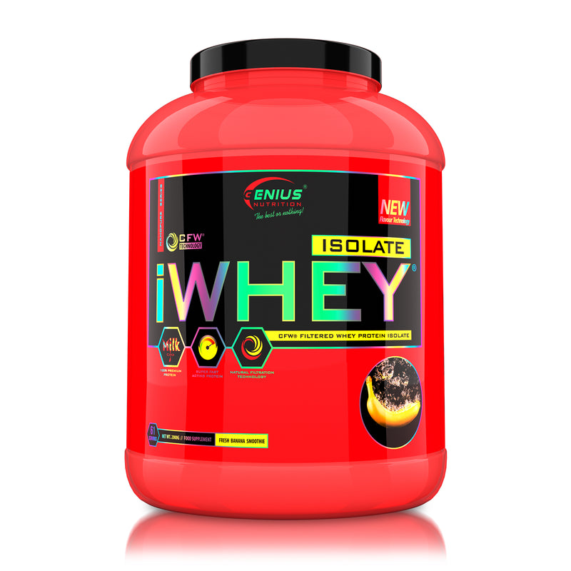 Load image into Gallery viewer, iWHEY ISOLATE 2000g 61serv Genius Nutrition Fresh Banana - Whey protein isolate (WPI) with no added sugar for recovery and lean muscle growth obtained through CFW® filtration.
