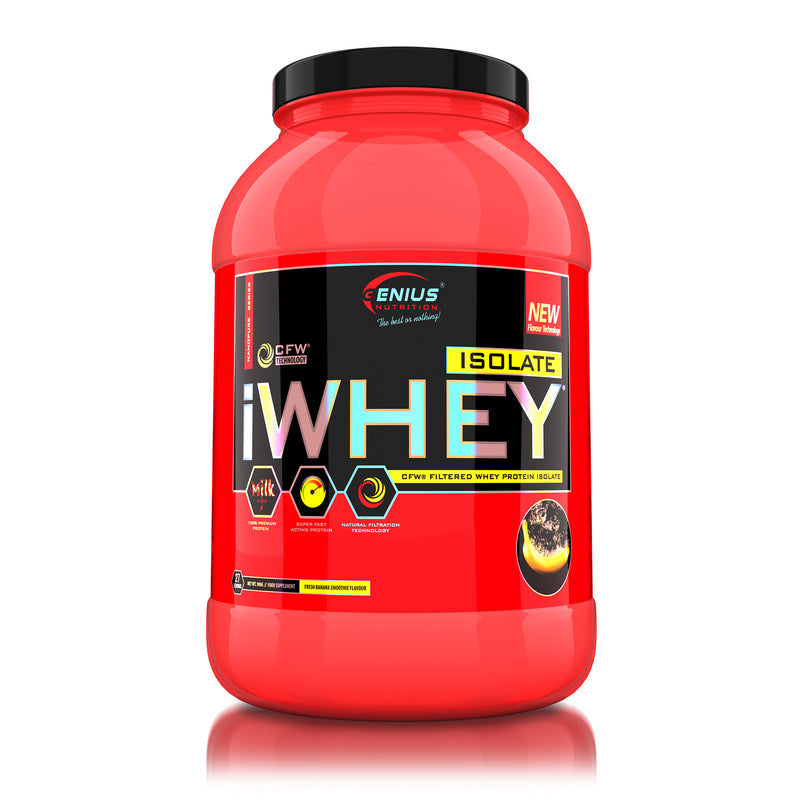 Load image into Gallery viewer, iWHEY ISOLATE 900g 27serv Genius Nutrition Fresh Banana - Whey protein isolate (WPI) with no added sugar for recovery and lean muscle growth obtained through CFW® filtration.
