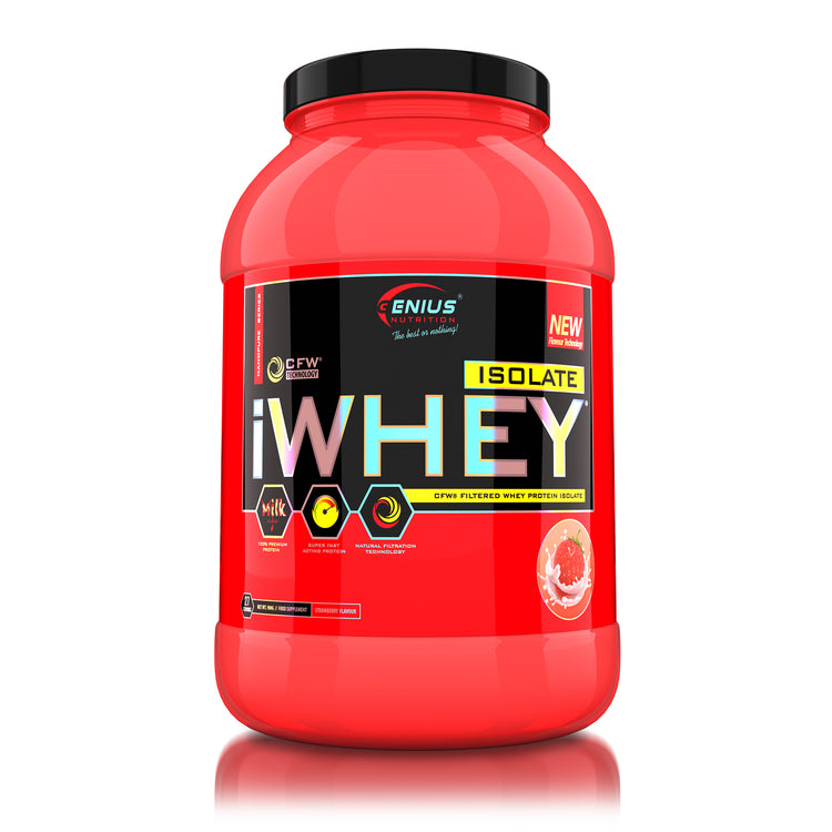 iWHEY ISOLATE 900g 27serv Genius Nutrition Strawberry - Whey protein isolate (WPI) with no added sugar for recovery and lean muscle growth obtained through CFW® filtration.