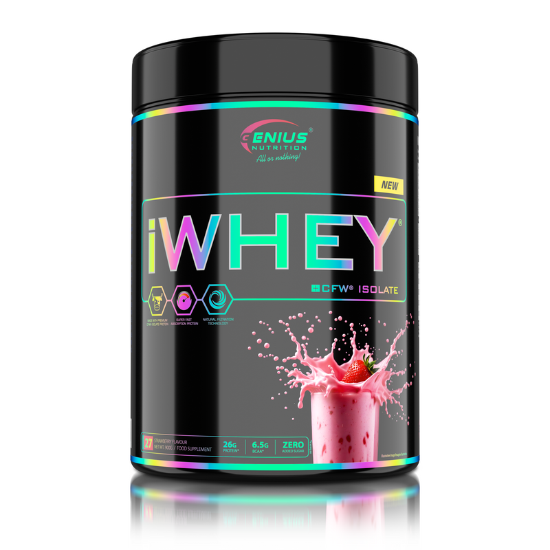 Load image into Gallery viewer, iWHEY ISOLATE 900g 27serv Genius Nutrition Strawberry - Whey protein isolate (WPI) with no added sugar ideal for recovery and lean muscle growth obtained through CFW® filtration.
