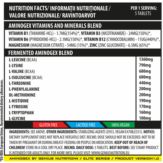 AMINOGEX EAA 300tabs Genius Nutrition - Supplement for muscle recovery based on fermented essential amino acids and vitamins