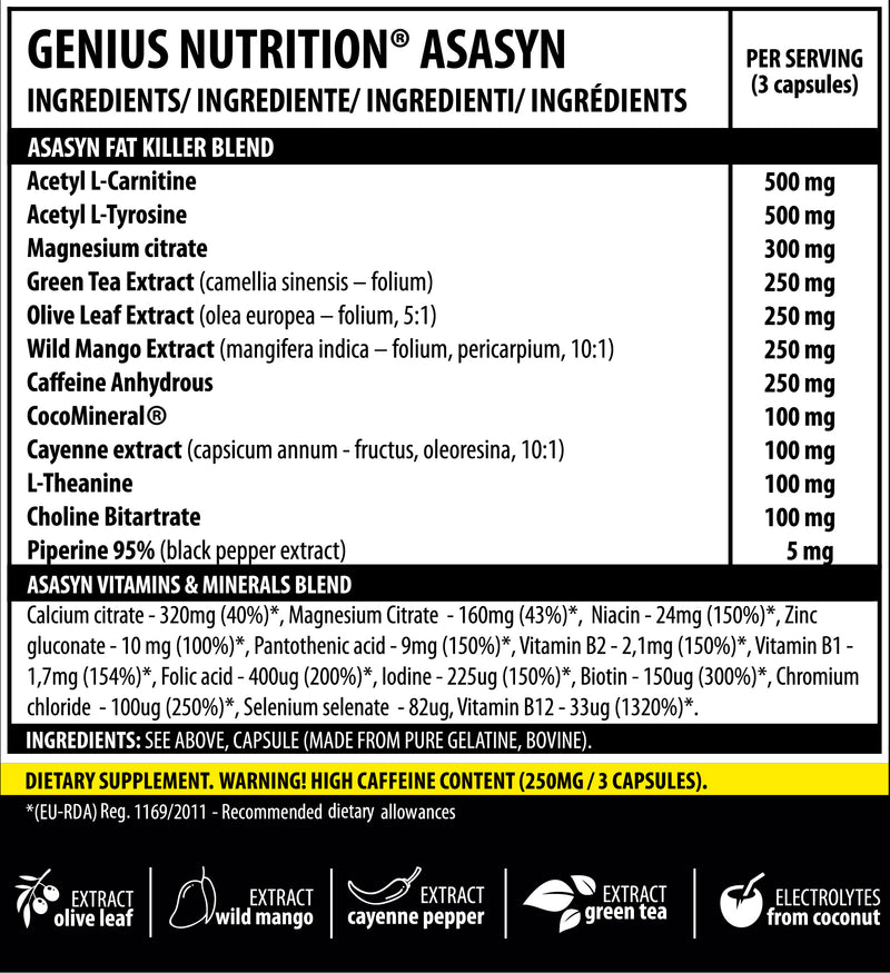 Load image into Gallery viewer, ASASYN 180caps/60 serv Genius Nutrition - Supplement formulated for fat burning and muscle definition, enriched with electrolytes for optimal hydration.
