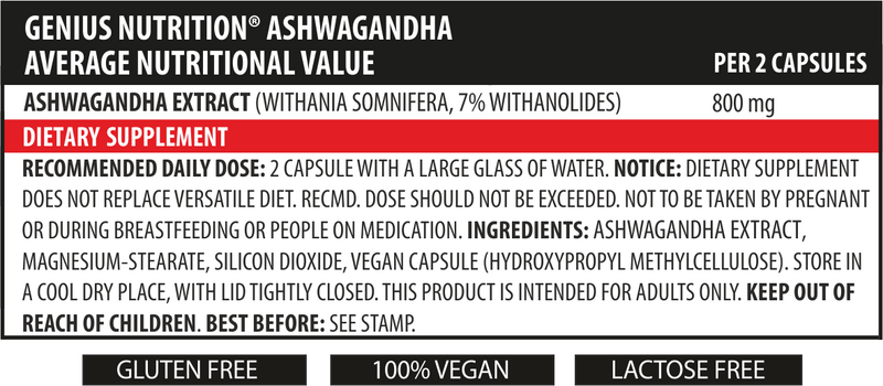 Load image into Gallery viewer, ASHWAGANDHA 90caps 45serv Genius Nutrition – Adaptogen supplement for hormonal balance designed to help the body manage daily stress (cortisol).
