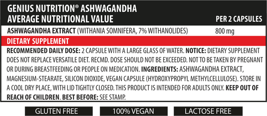 ASHWAGANDHA 90caps 45serv Genius Nutrition – Adaptogen supplement for hormonal balance designed to help the body manage daily stress (cortisol).