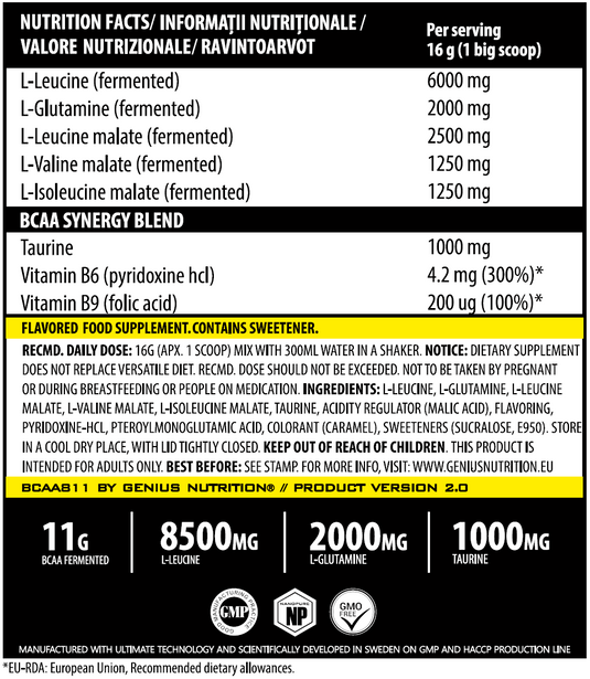 BCAA-811 400g 25serv Genius Nutrition - Muscle recovery supplement with branched-chain amino acids, enriched with glutamine and taurine.