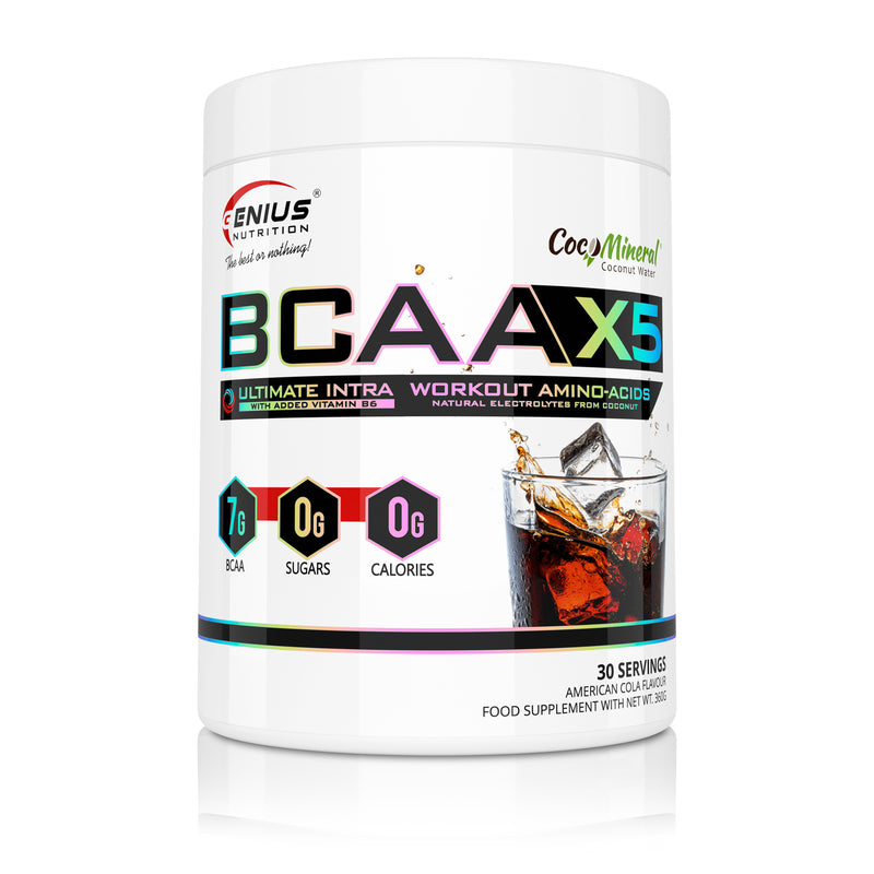 Load image into Gallery viewer, BCAA-X5 360g 30serv Genius Nutrition American Cola - Supplement for muscle recovery and hydration with amino acids, citrulline malate and electrolytes.
