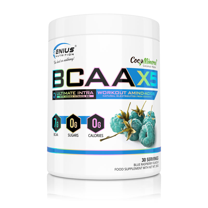 Load image into Gallery viewer, BCAA-X5 360g 30serv Genius Nutrition Blue Raspberry - Supplement for muscle recovery and hydration with amino acids, citrulline malate and electrolytes.
