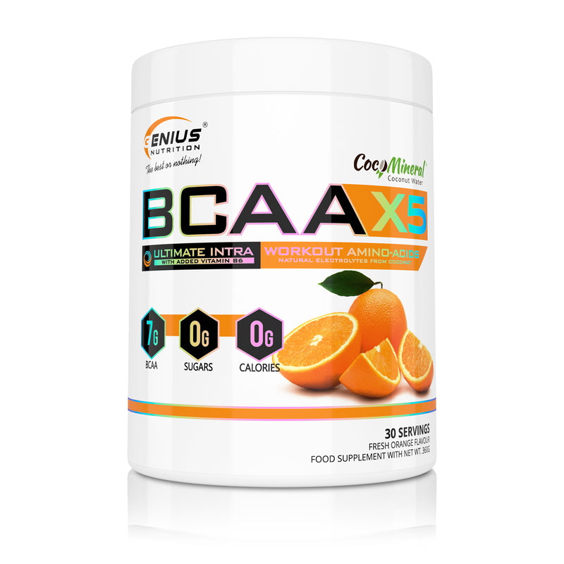 Load image into Gallery viewer, BCAA-X5 360g 30serv Genius Nutrition Fresh Orange - Supplement for muscle recovery and hydration with amino acids, citrulline malate and electrolytes.
