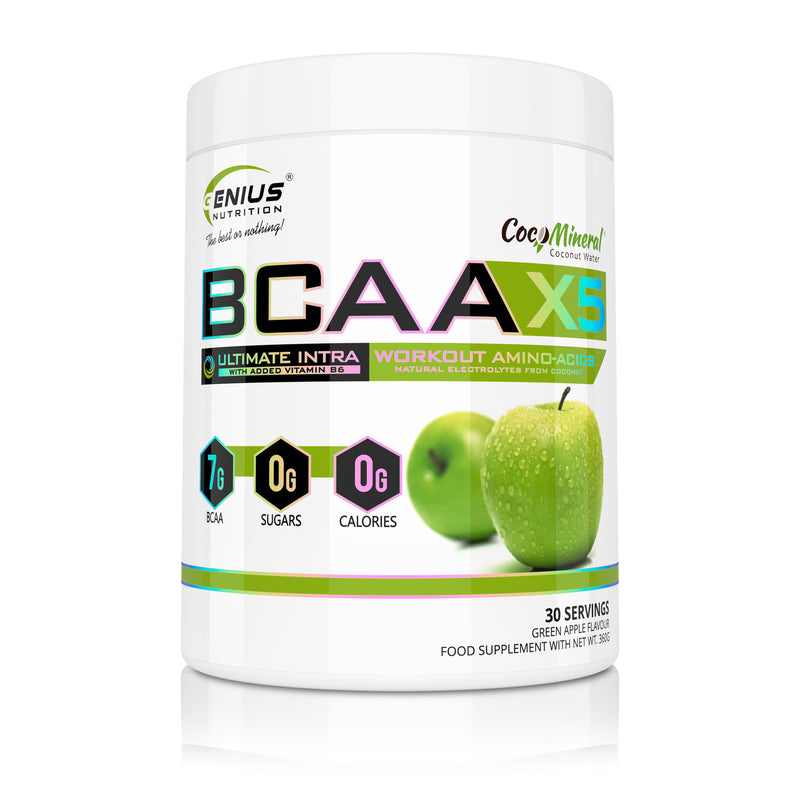 Load image into Gallery viewer, BCAA-X5 360g 30serv Genius Nutrition Green Apple - Supplement for muscle recovery and hydration with amino acids, citrulline malate and electrolytes.
