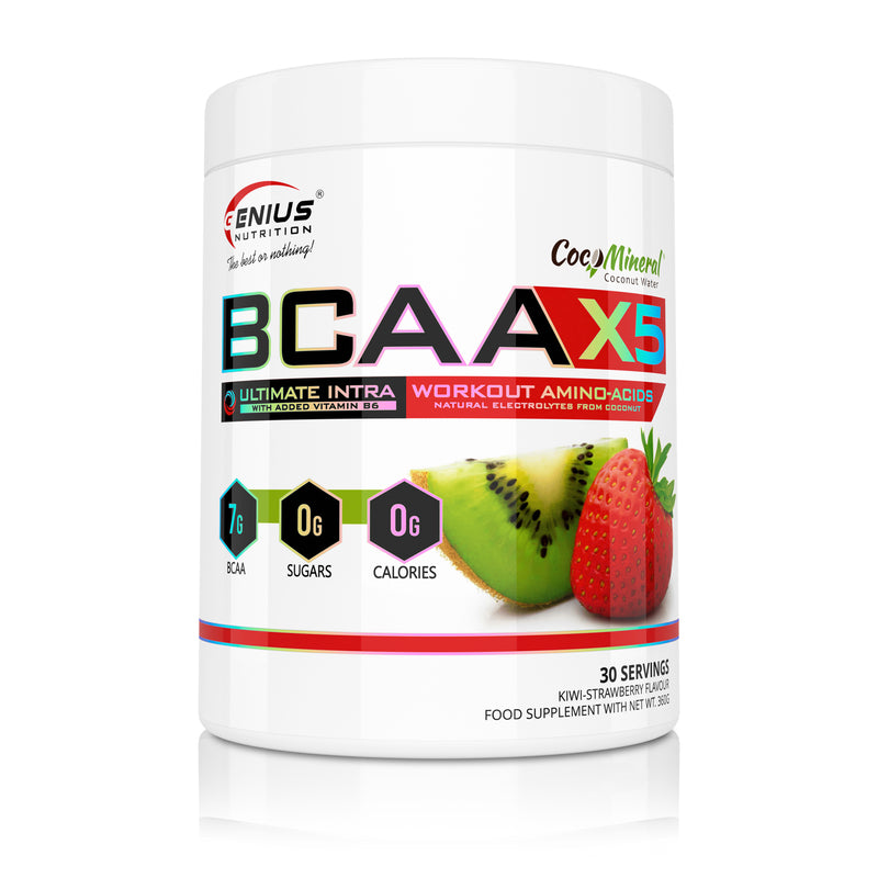 Load image into Gallery viewer, BCAA-X5 360g 30serv Genius Nutrition Kiwi-Strawberry – Supplement for muscle recovery and hydration with amino acids, citrulline malate and electrolytes.
